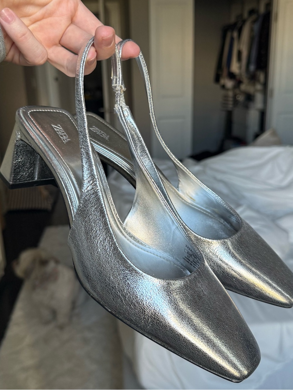Zara Metallic Silver Slingback Block Heel Pumps